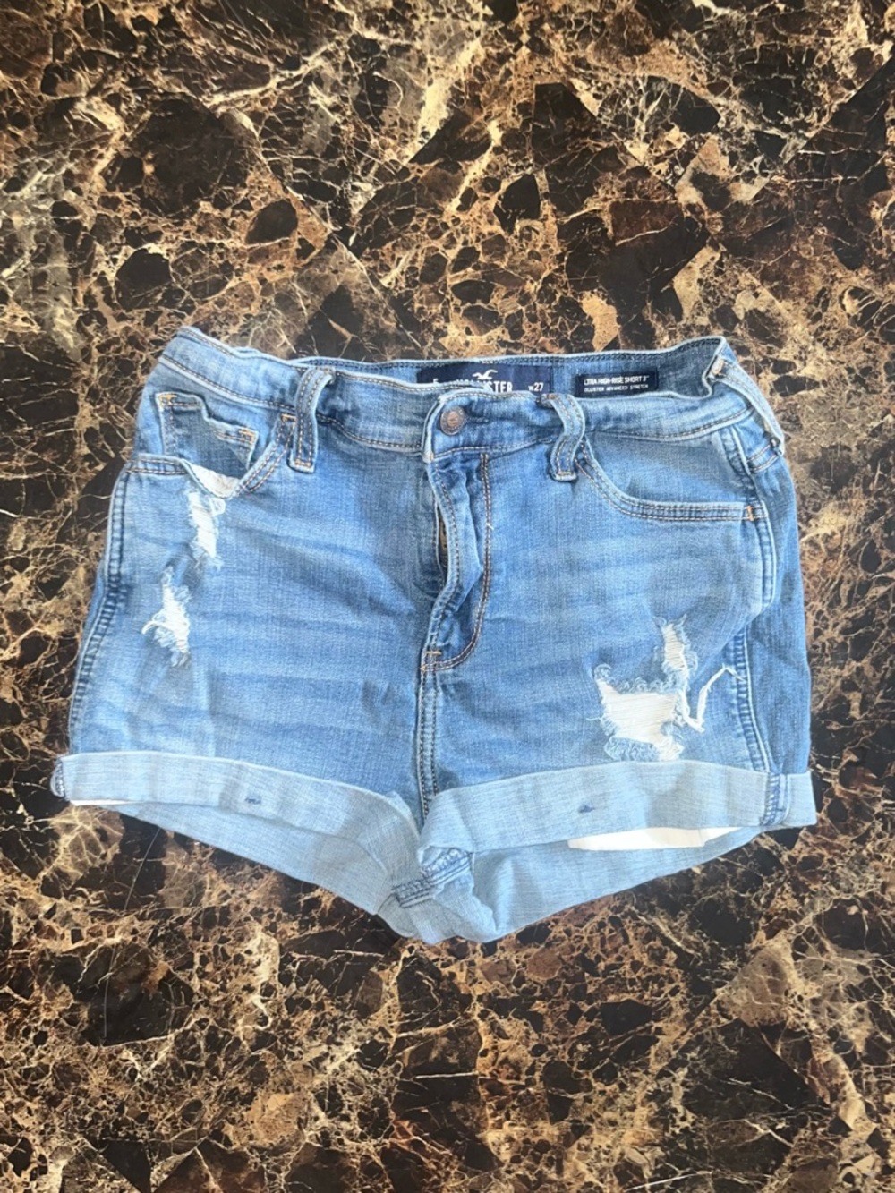 Hollister Light Wash Distressed Roll-Cuff Denim Shorts